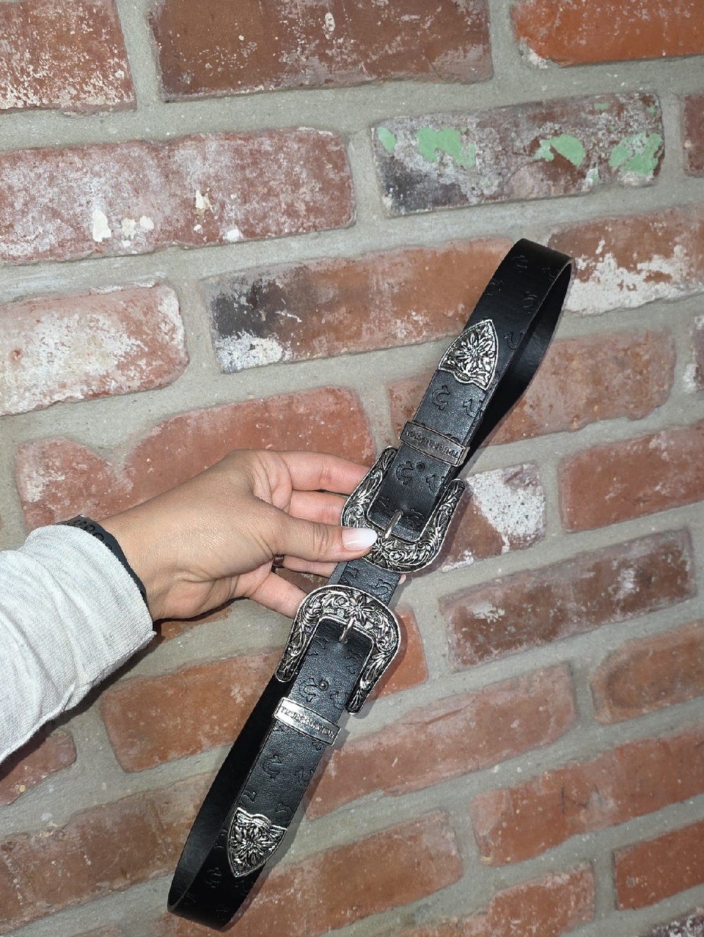 True Religion Black Western Double-Buckle Leather Belt with Silver Hardware